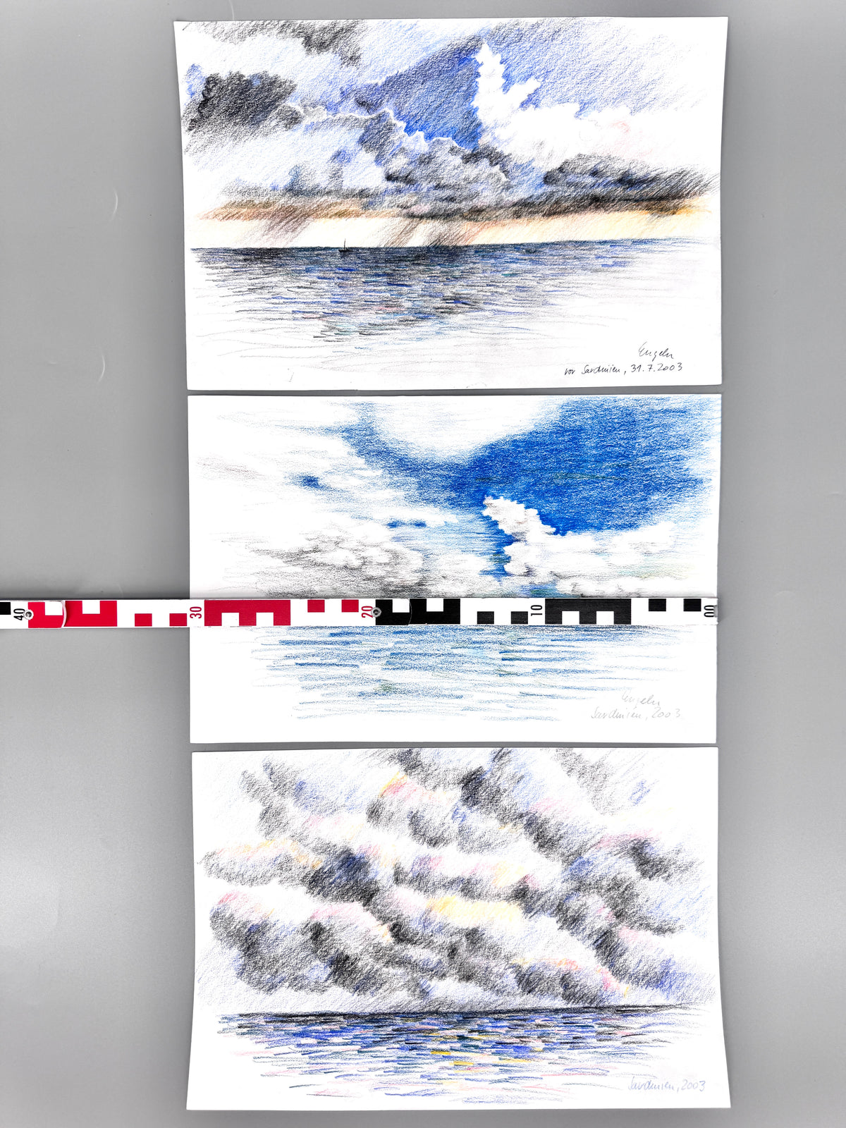 Horizonte, Sardinien. 3x Buntstift-Gemälde, Helga Engeln.