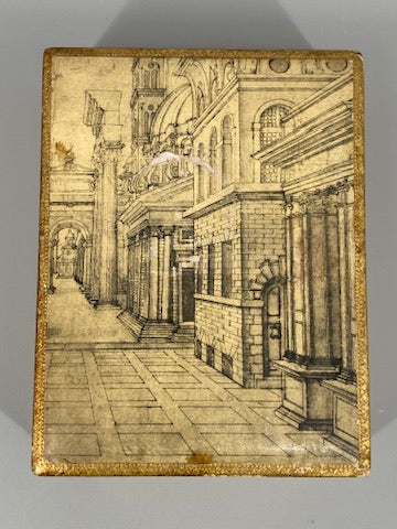 Dekorative Holzschatulle mit "Römischer Perspektive" von Badassare Peruzzi, hergestellt von Fratelli Alinari, Italien um 1900