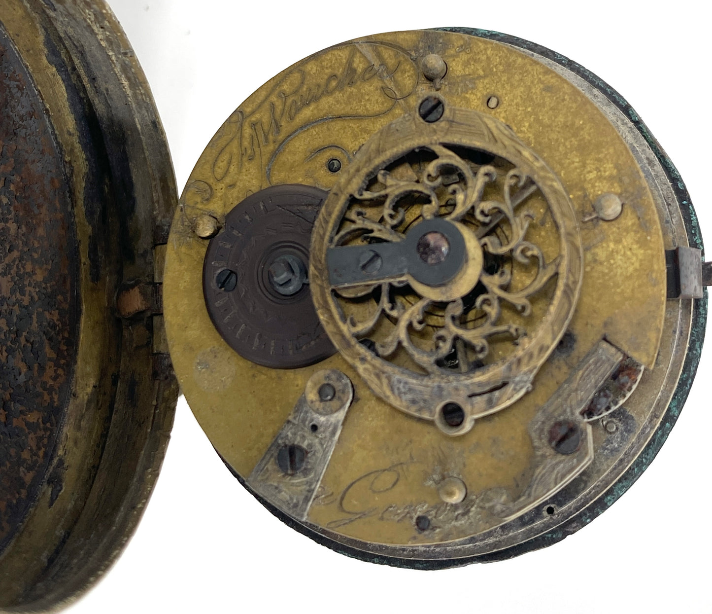 Antike Spindeluhr von Vaucher- Geneve mit Brandschaden, Schweiz um 1780-1830