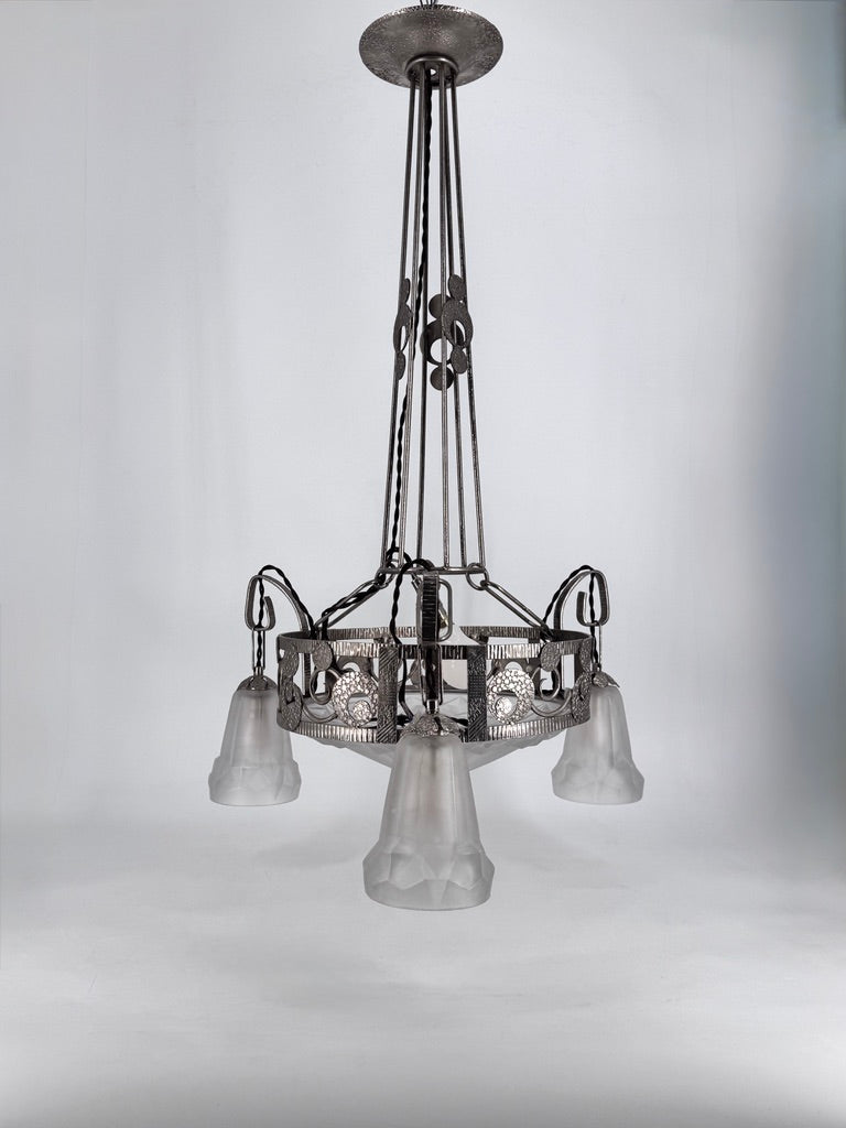Art Deco Kronleuchter mit Glasglocken von Dégué, Frankreich um 1930