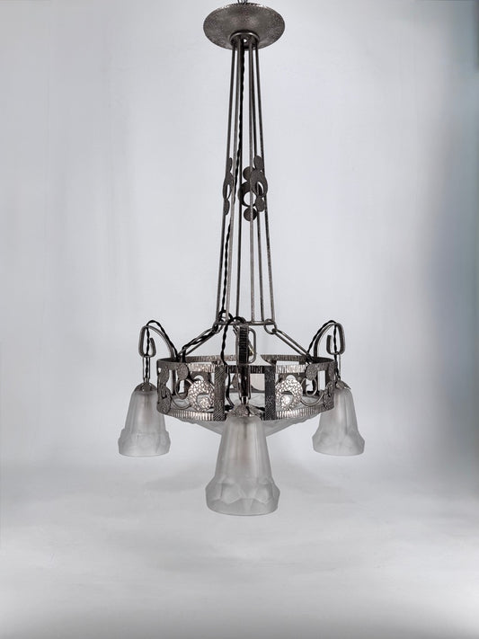 Art Deco Kronleuchter mit Glasglocken von Dégué, Frankreich um 1930