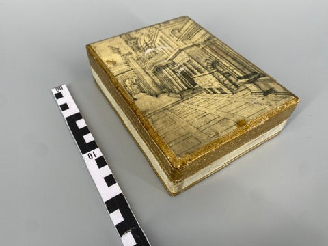 Dekorative Holzschatulle mit "Römischer Perspektive" von Badassare Peruzzi, hergestellt von Fratelli Alinari, Italien um 1900