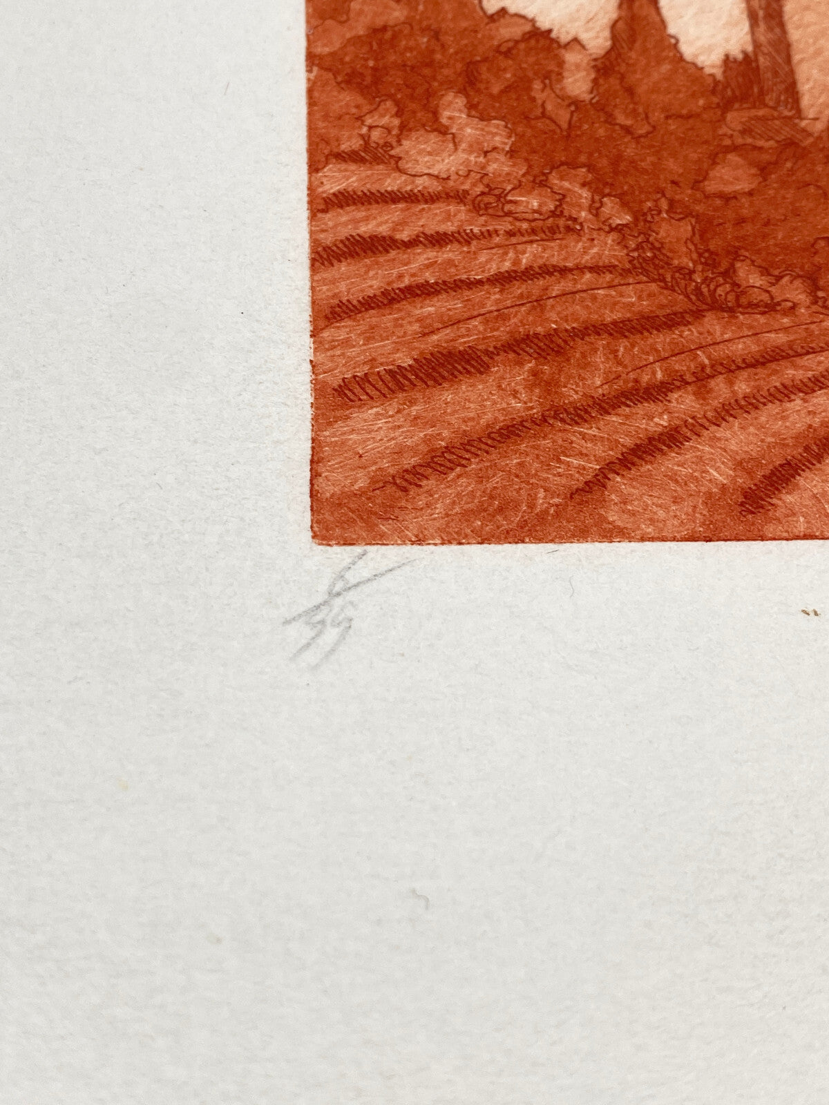 * RADIERUNG KUPFERSTICH ROT KUPFER TOSKANA MEDITERRANE LANDSCHAFT SIGNIERT