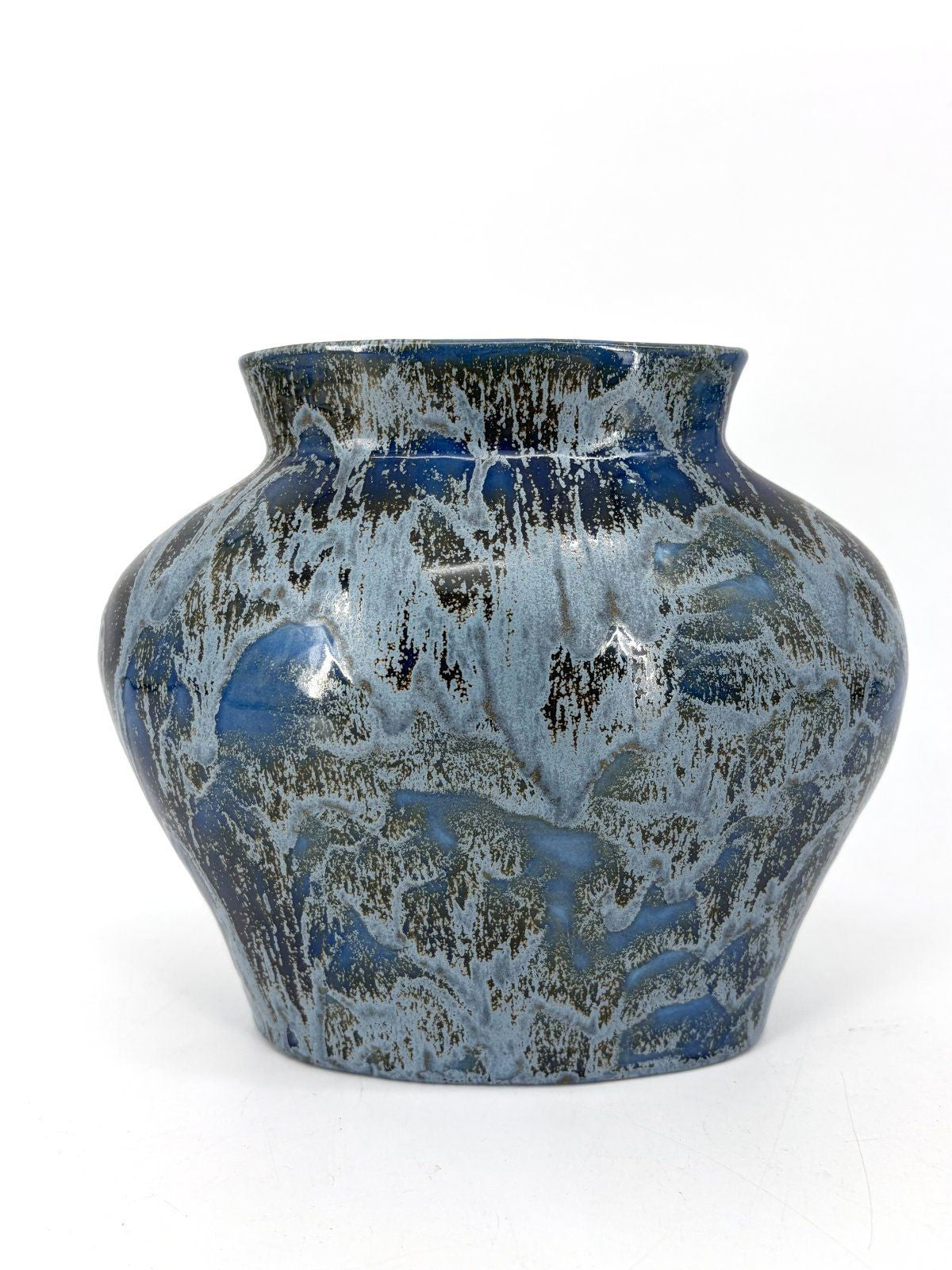 ENSEMBLE TRIO STUDIOKERAMIK VASE KUGEL BLAU IRISIEREND GLASUR 90s