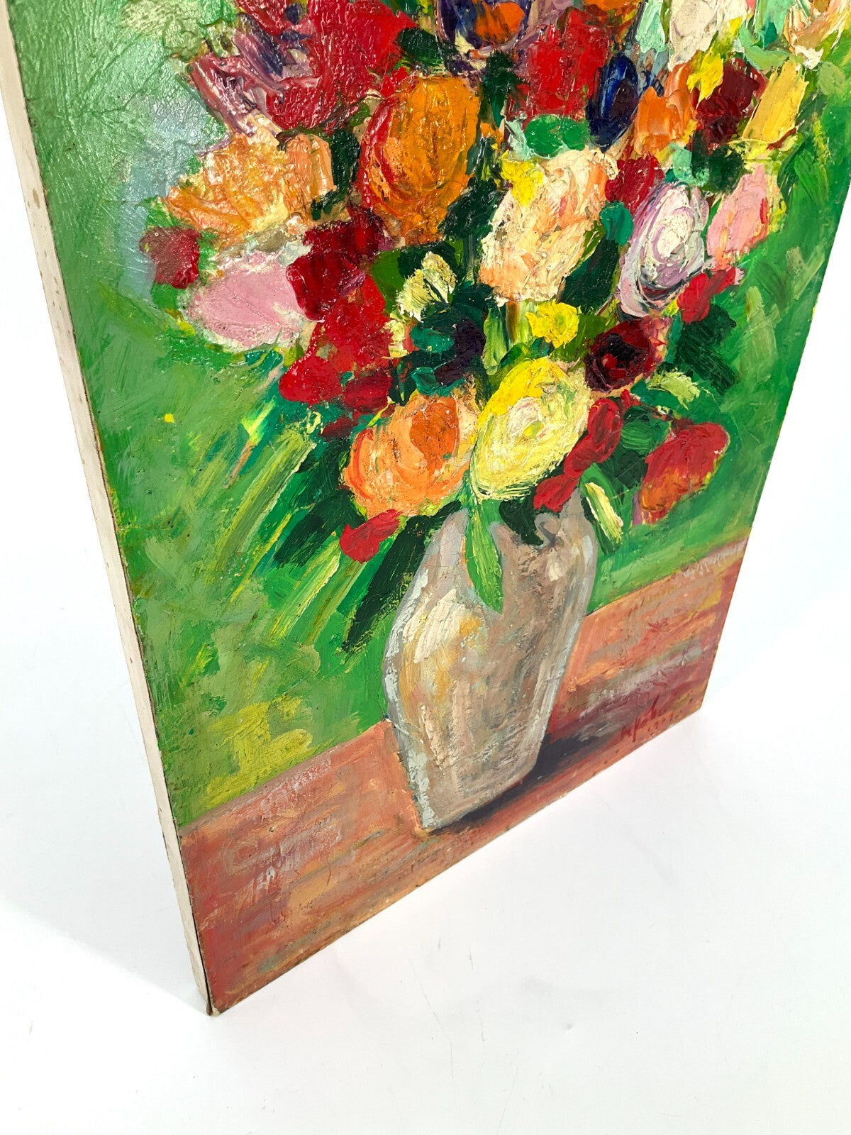 *ÖLGEMÄLDE BLUMENSTRAUß IN VASE STILLEBEN 1969 SIGNIERT MALEREI VINTAGE LEBHAFT