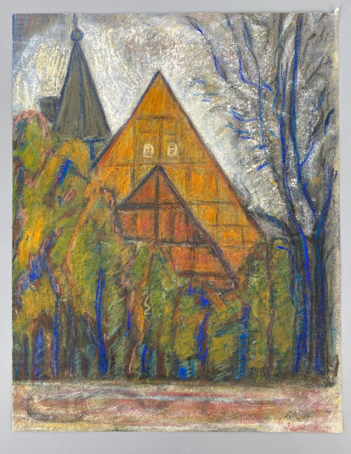 *PASTELLGEMÄLDE GEBÄUDEANSICHT KIRCHENGEBÄUDE GK 1984 SIGN UNIKAT