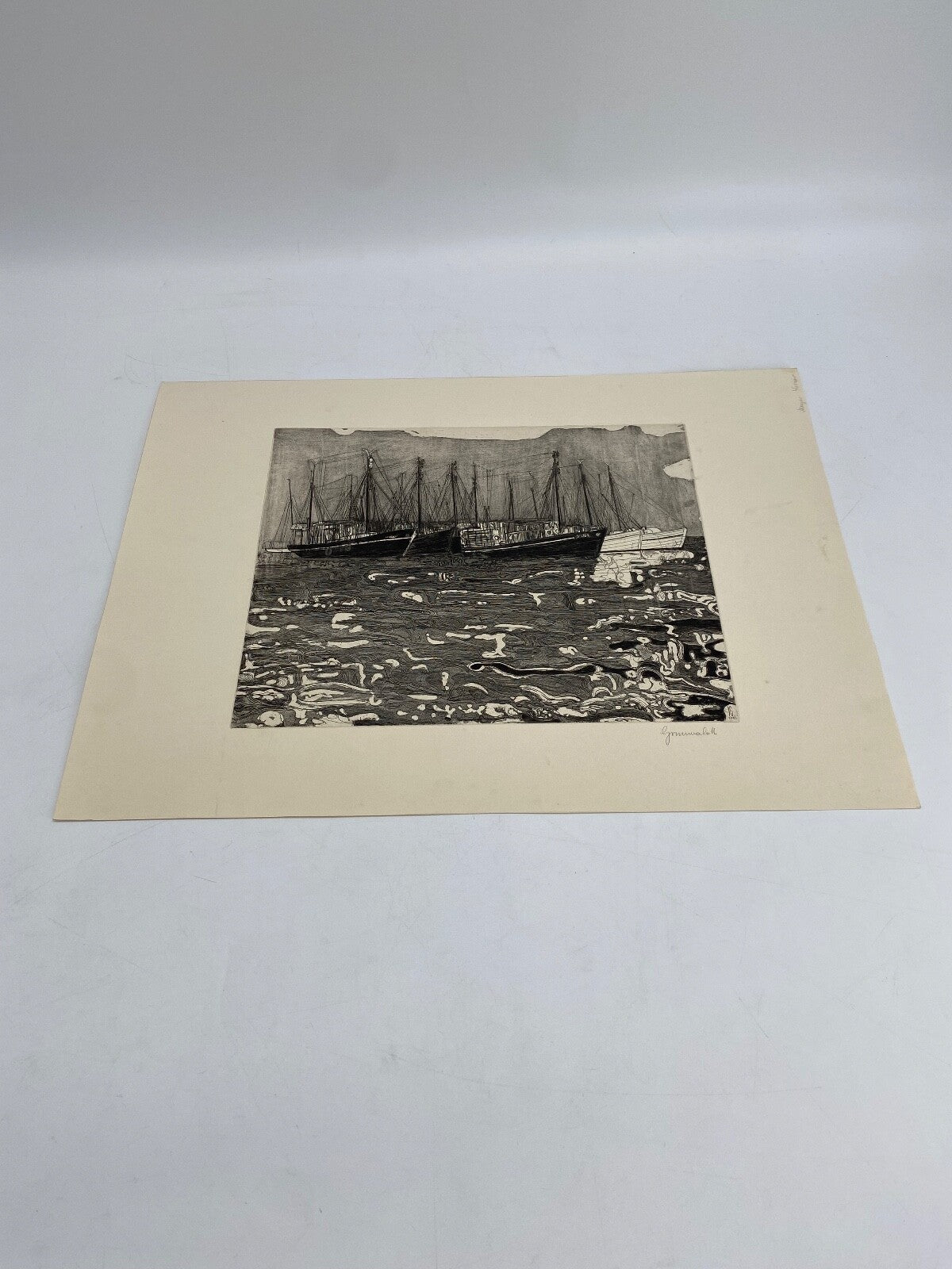 * HERBERT GRUNWALDT 1965 RADIERUNG ORIGINAL FISCHERBOOTE HAFEN SIGNIERT