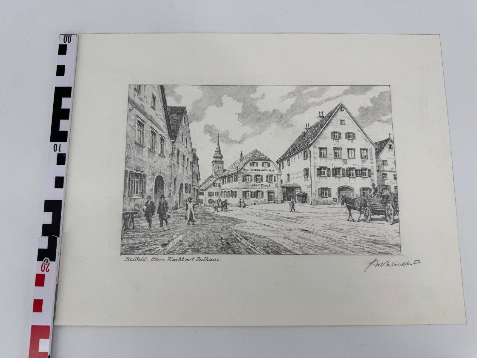 * HEINZ WEHLISCH ZEICHNUNG HOLLFELD OBERER MARKT MIT RATHAUS