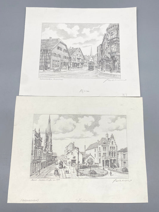 HEINZ WEHLISCH 2X ZEICHNUNGEN GELSENKIRCHEN ANSICHTEN ORIGINALE ZEICHNUNGEN