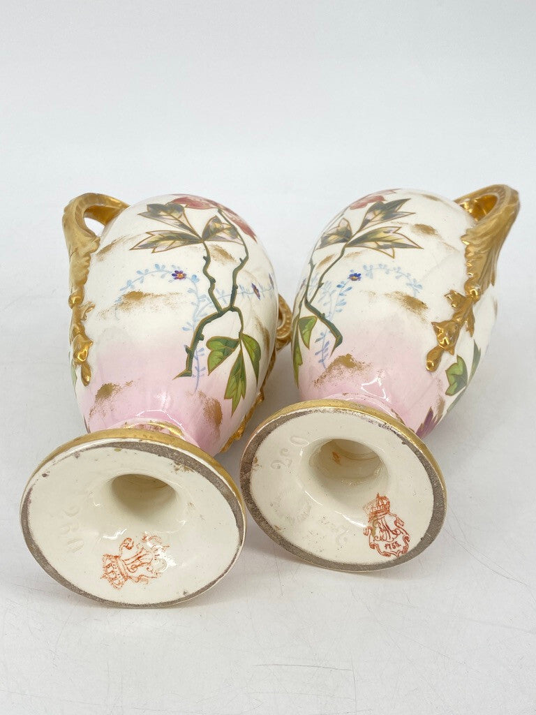 * 2 x VASE PRUNKVASE HENKELVASE BONN FRANZ ANTON MEHLEM PORZELLAN GOLD FLORAL