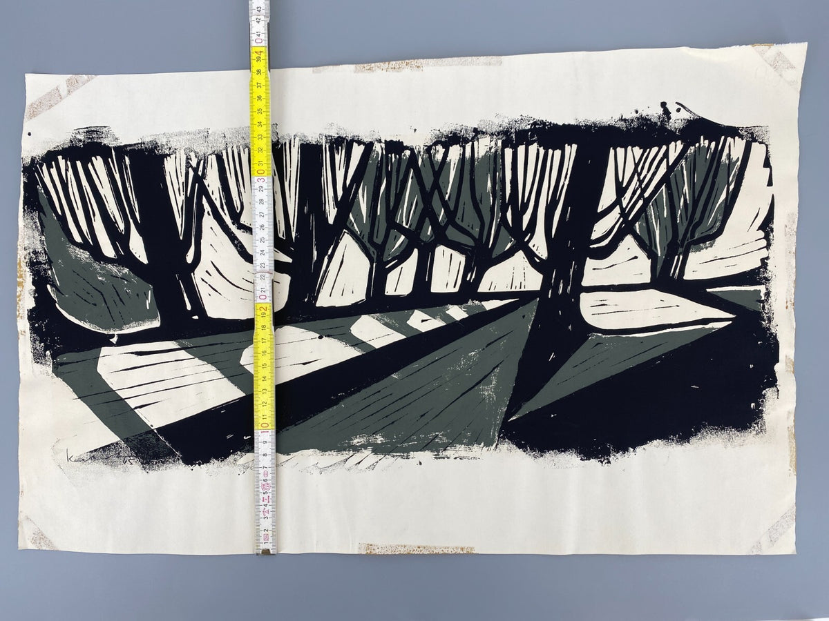 *WALTER KALOT LINOLSCHNITT GRAFIK SCHATTEN BÄUME 1965 ORIGINAL HANDSIGNIERT