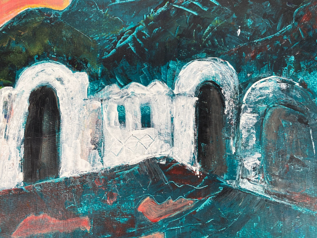 *GEMÄLDE ACRYL LANDSCHAFT NAHOST GEBÄUDE WEIß GRÜN SIGRID HANNSE UNIKAT 90ER