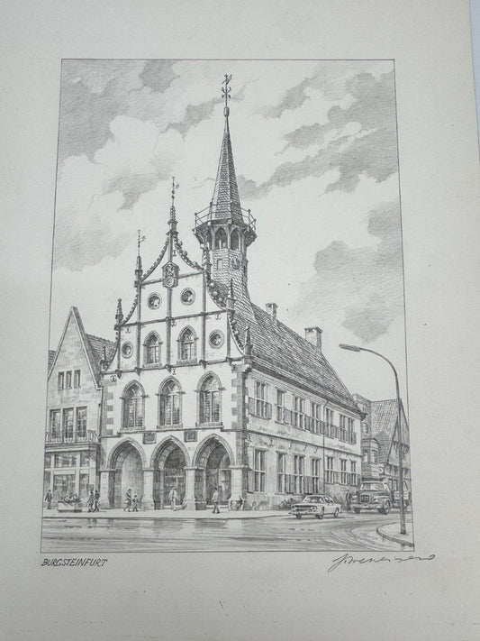 * HEINZ WEHLISCH ZEICHNUNG BURGSTEINFURT ALTES RATHAUS ANSICHT