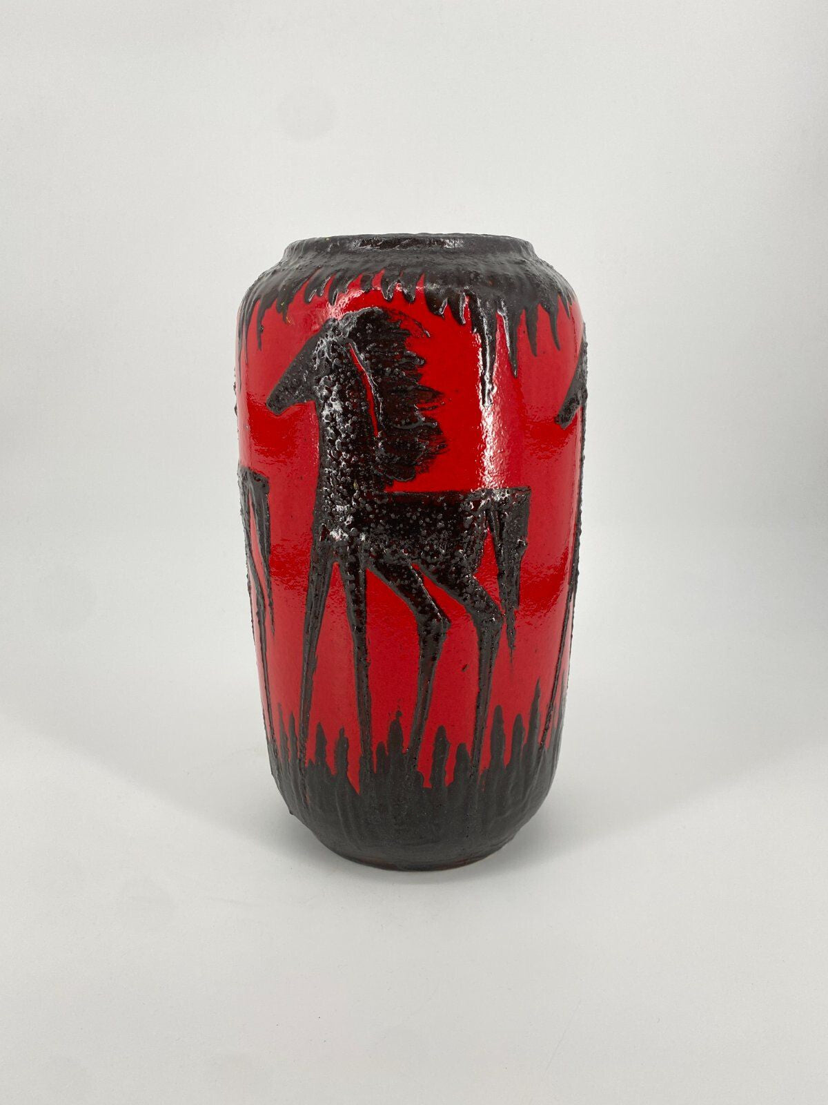 * VASE FAT LAVA SCHEURICH PFERD ROT SCHWARZ WEST GERMANY VINTAGE
