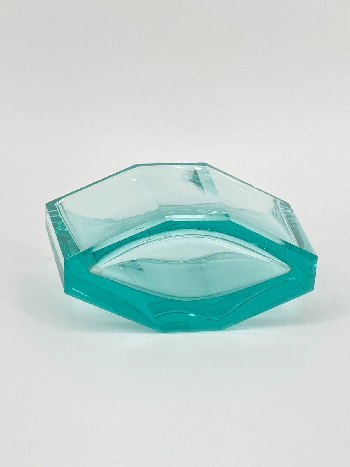 * FACETTIERTE GLAS VASE BLAUGRÜN TSCHECHIEN MID CENTURY DESIGN