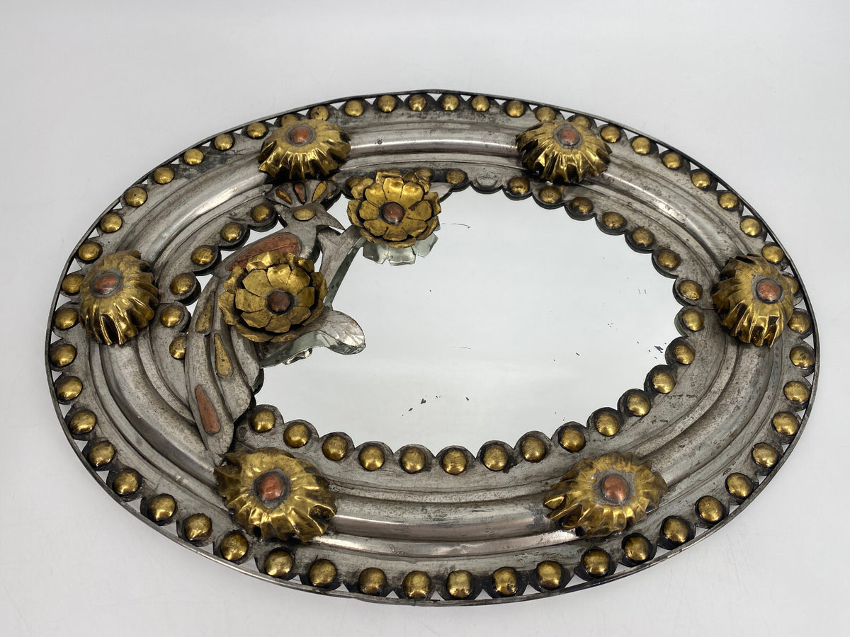 * OVALER WANDSPIEGEL METALLARBEIT VOGEL KUPFER MESSING HANDARBEIT