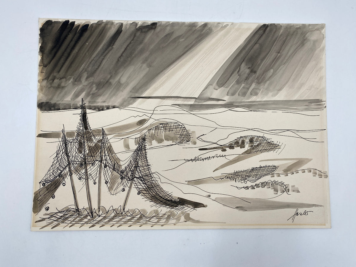 *TUSCHE AQUARELL HEINRICH HEUSER 1887-1967 FISCHERNETZE AM STRAND ZEICHNUNG