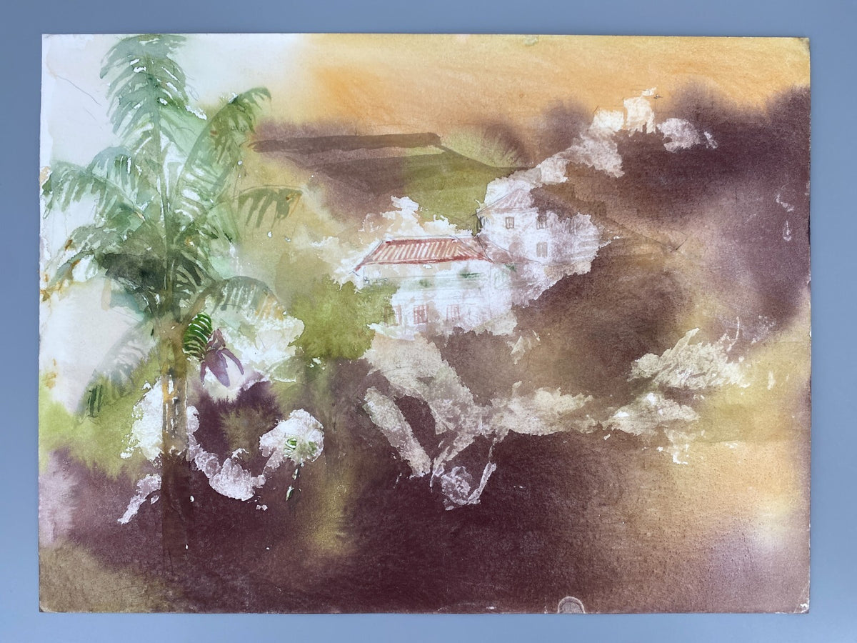 *AQUARELLGEMÄLDE ITALIEN LANDSCHAFT PALME MEDITERRAN VILLA SIGRID HANNSE 90ER