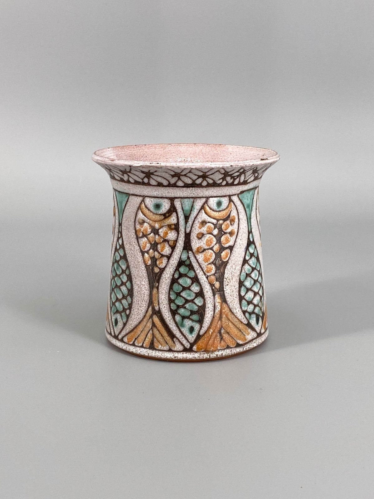 * KERAMIK VASE FISCHE GRÜN ORANGE GLASIERT HANDGETÖPFERT VINTAGE