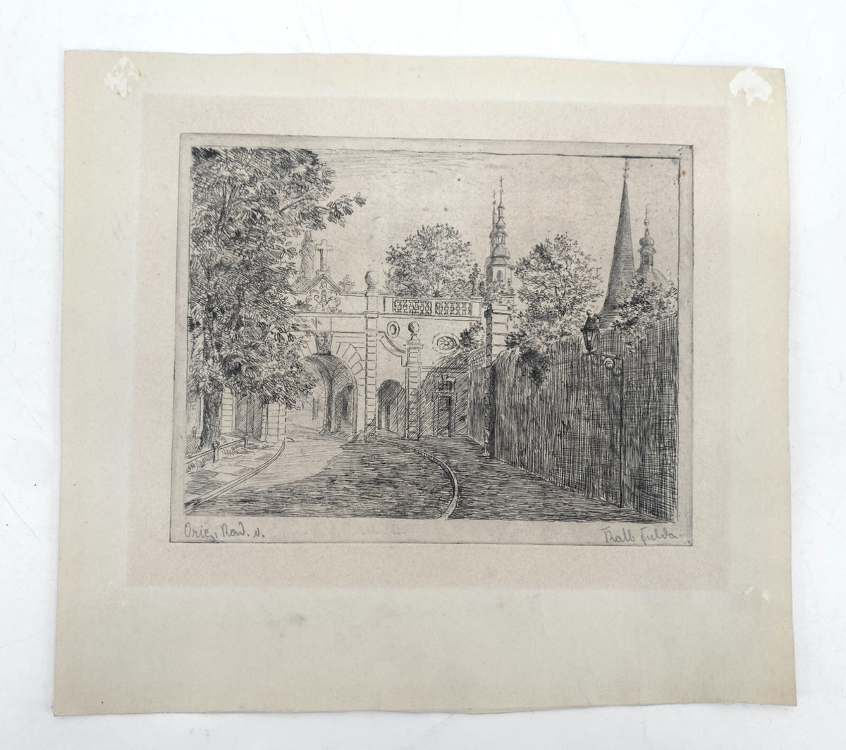 *RADIERUNG FULDA PAULUSTOR STADTTOR ORIGINAL ANTIK SIGNIERT