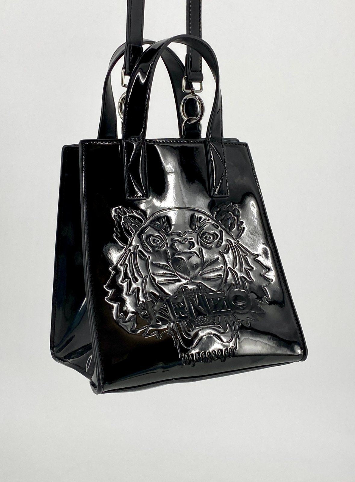 * KENZO PARIS HANDTASCHE UMHÄNGETASCHE TIGER LACKLEDER SCHWARZ