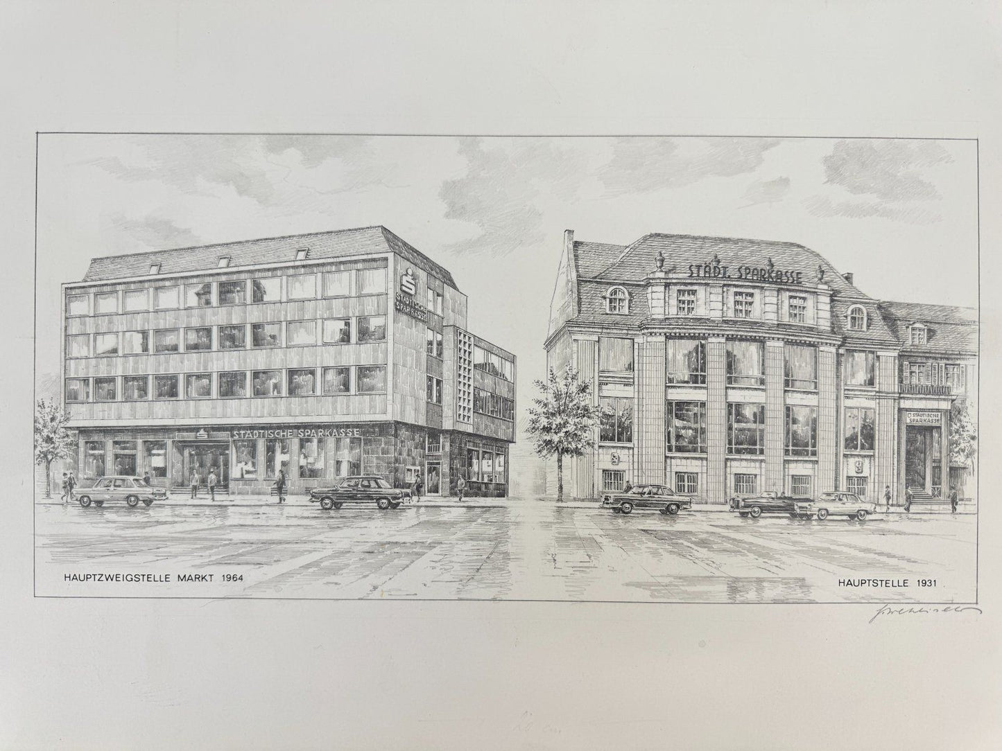 * HEINZ WEHLISCH ZEICHNUNG DETMOLD SPARKASSE ANSICHT SIGNIERT