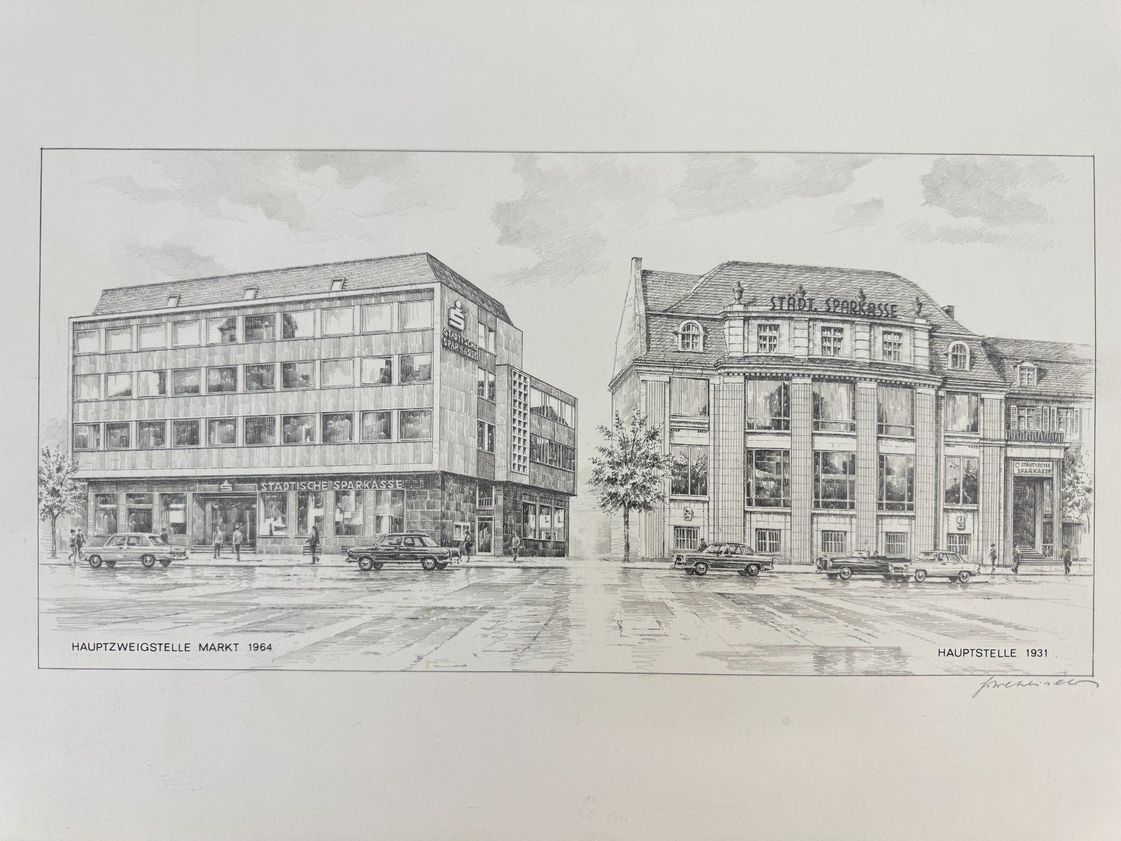 * HEINZ WEHLISCH ZEICHNUNG DETMOLD SPARKASSE ANSICHT SIGNIERT