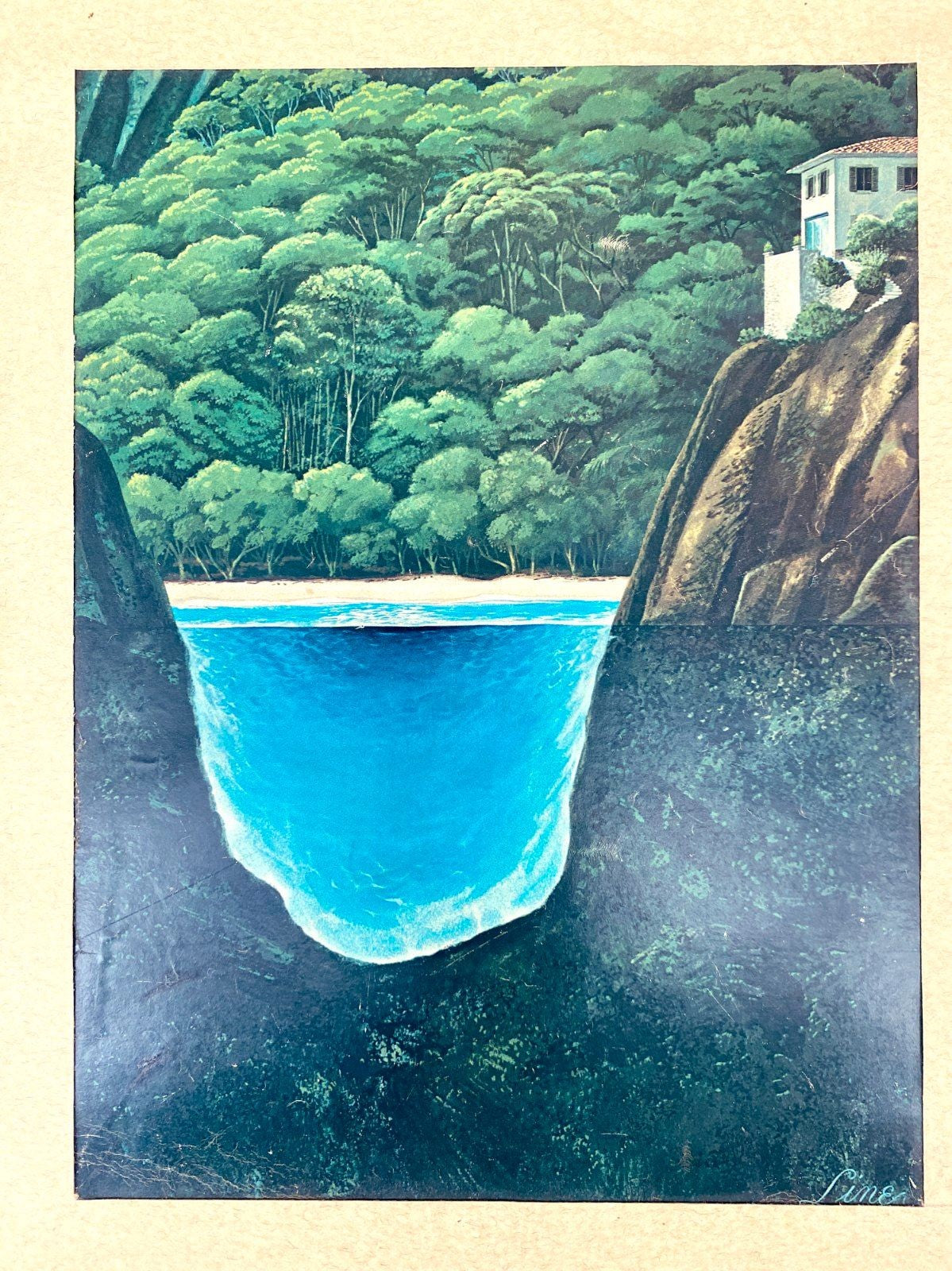 * GRAFIK KUNSTDRUCK LAGUNE KLIFF VILLA TROPEN 80ER VINTAGE LINE