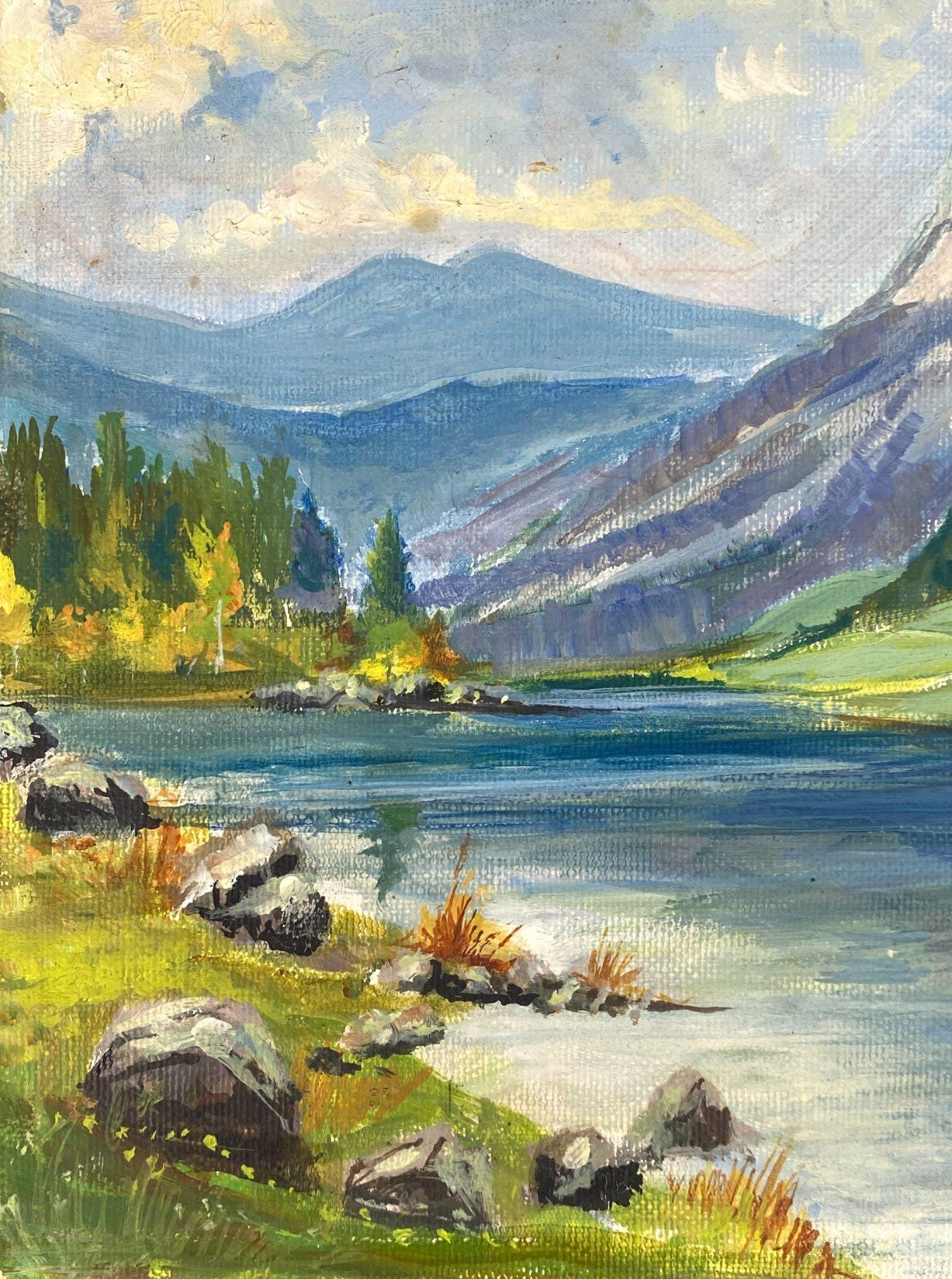*ÖLGEMÄLDE BERGLANDSCHAFT SEE 1949 SIGNIERT FARBFROH PAPPE
