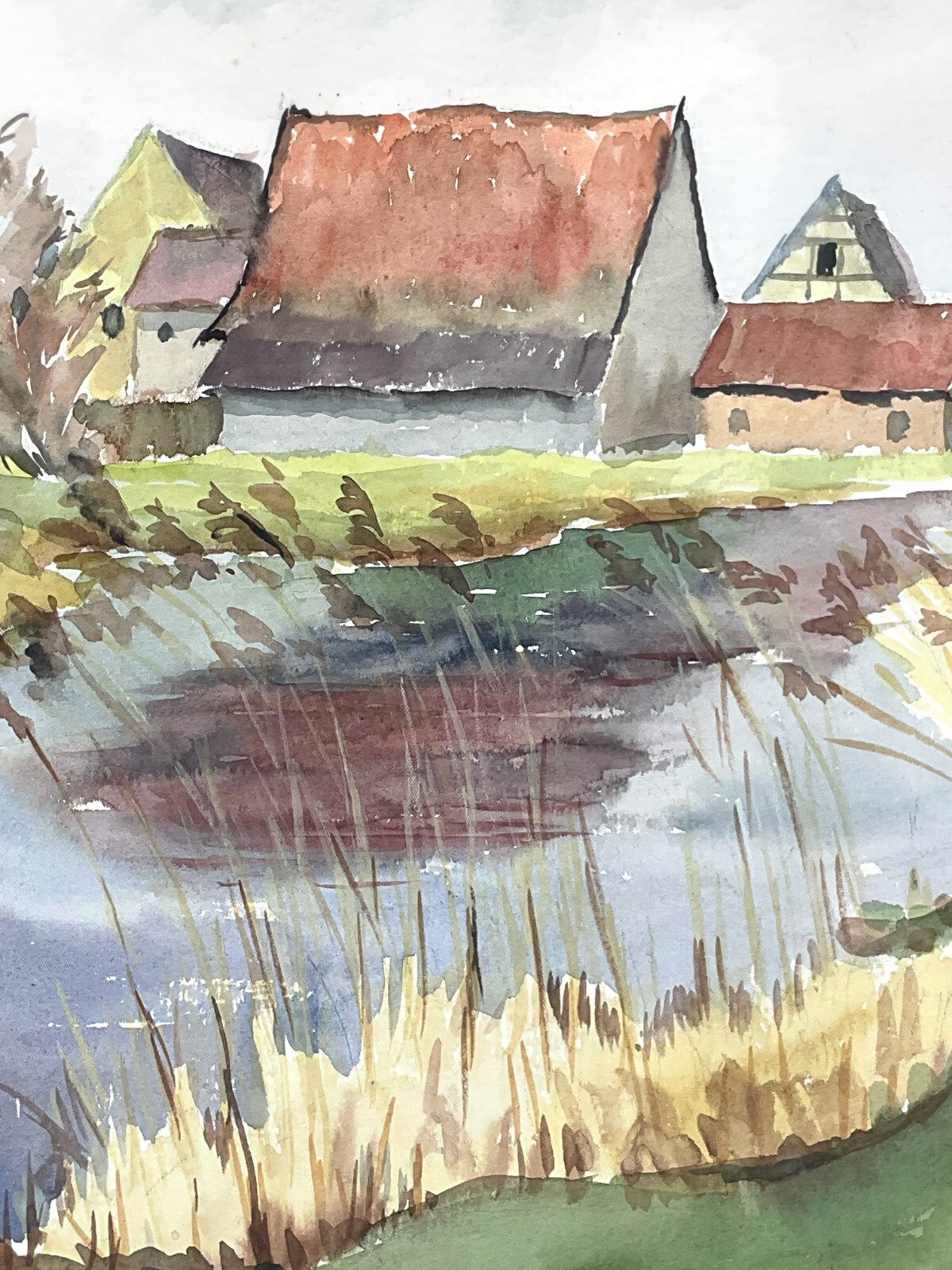 *GEMÄLDE TEICH MIT HÄUSER ZWEISEITIG BERG AQUARELL SIGNIERT PASTELLFARBE UNIKAT