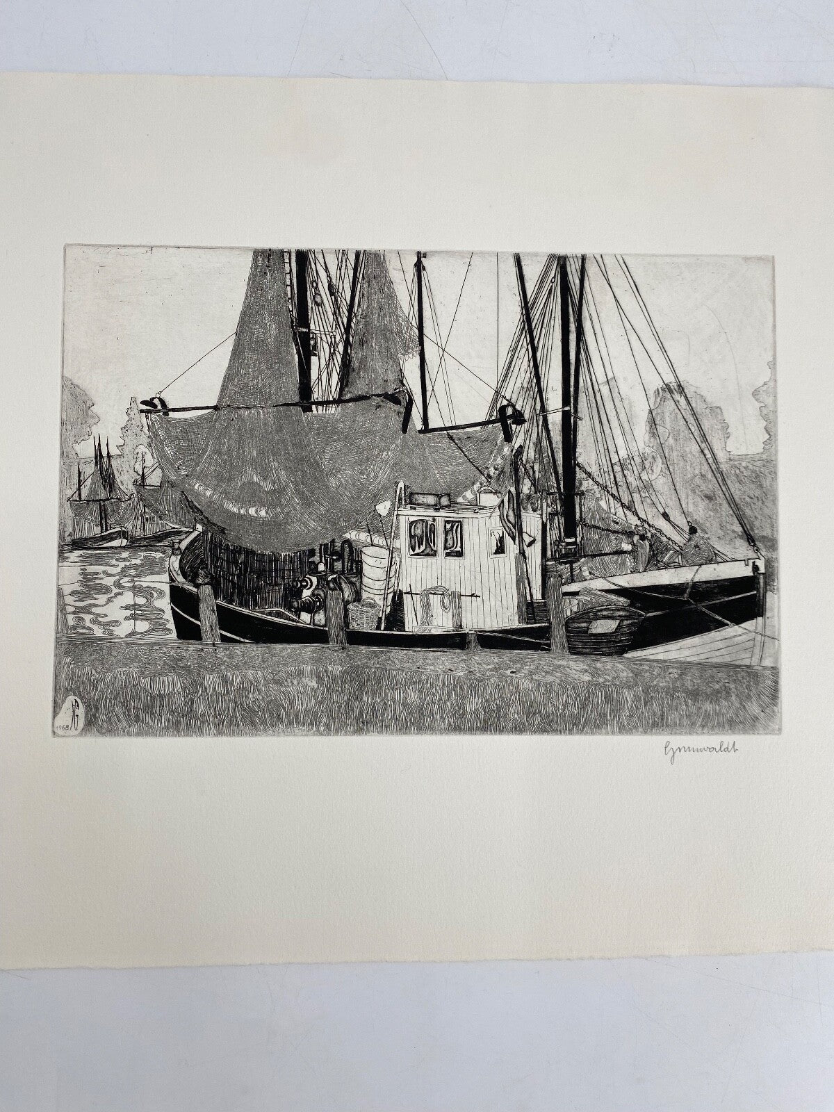 * HERBERT GRUNWALDT 1968 RADIERUNG ORIGINAL KRABBEN FISCHERBOOTE HAFEN SIGNIERT