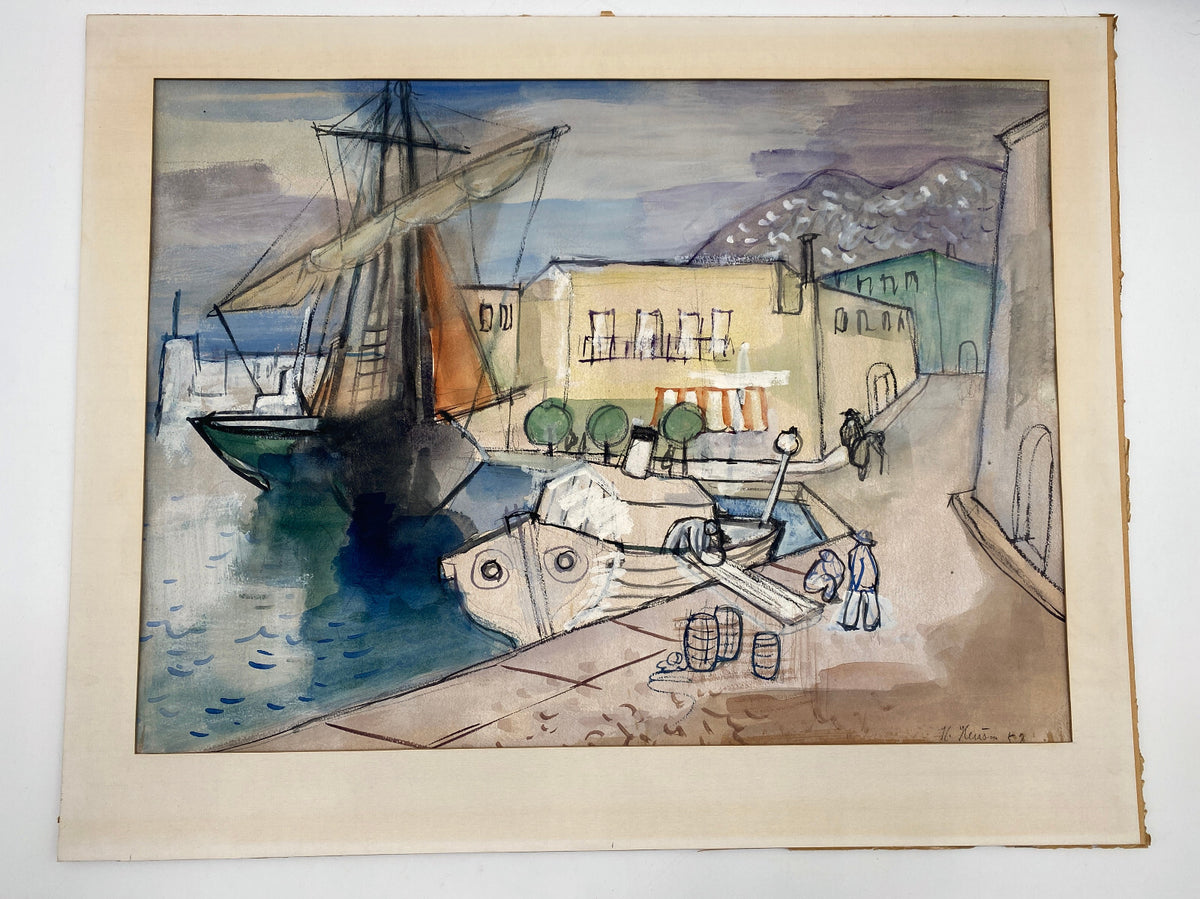 * STUDIE ENTWURF AQUARELL HEINRICH HEUSER 1887-1967 HAFEN VON ISCHIAS CAPRI ITA