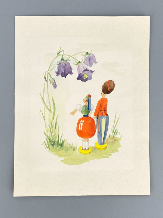 *GEMÄLDE AQUARELL HELENA GEESE WYSOCKI PUPPEN PAAR UNIKAT 1945