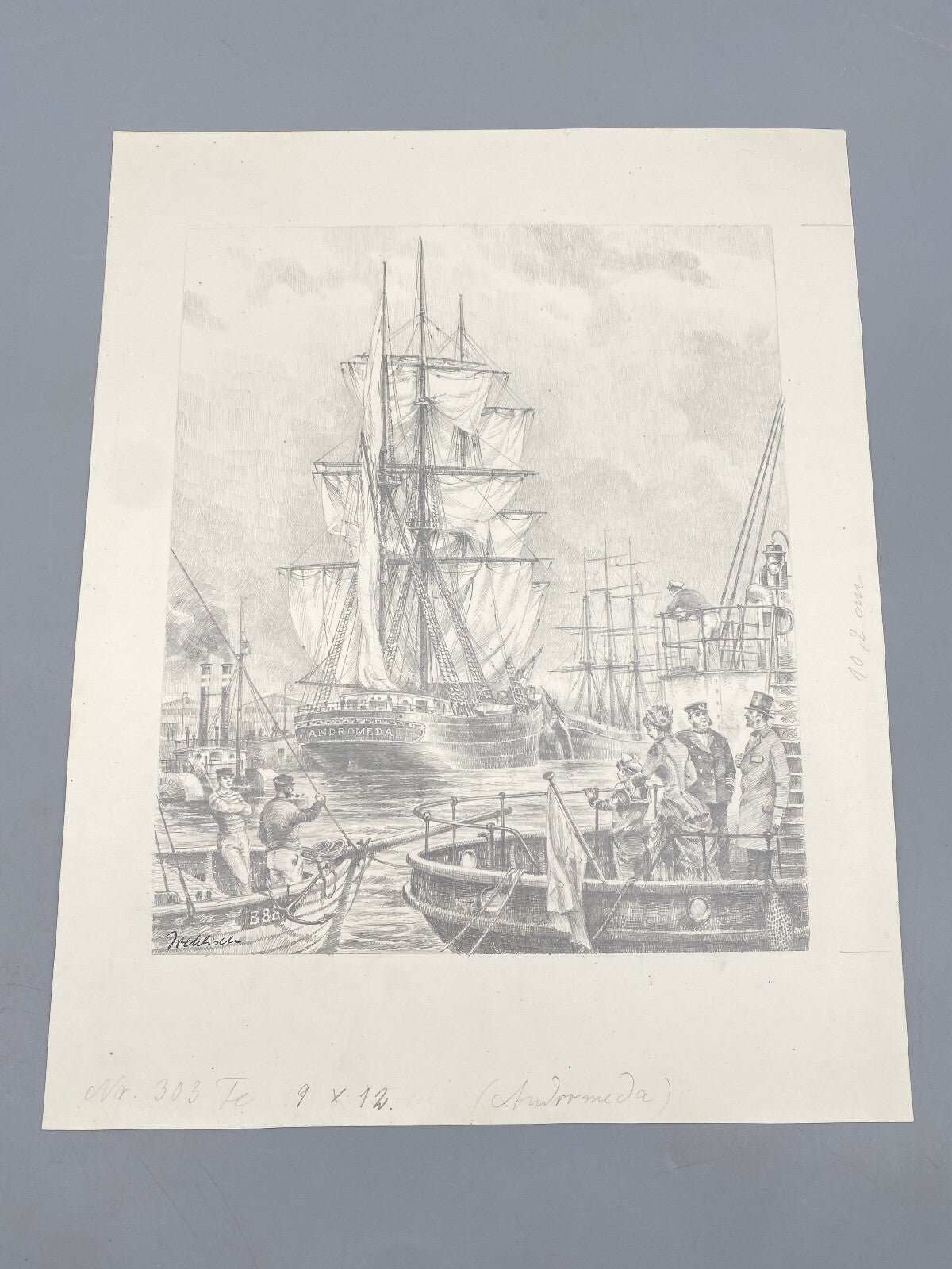 HEINZ WEHLISCH ZEICHNUNG ANSICHT TANKSEGELSCHIFF ANDROMEDA 1880 HANDSIGNIERT