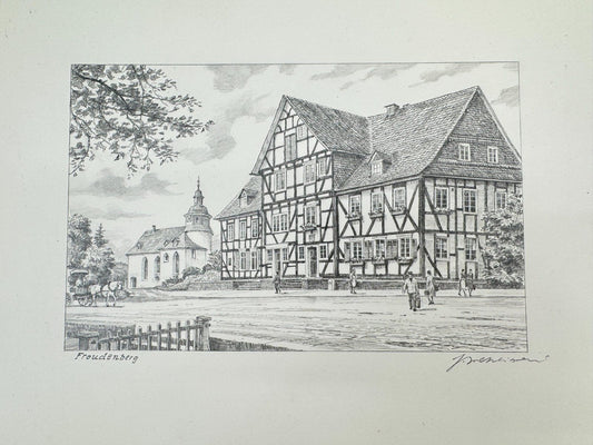 * HEINZ WEHLISCH ZEICHNUNG FREUDENBERG HEIDE ANSICHT SIGNIERT
