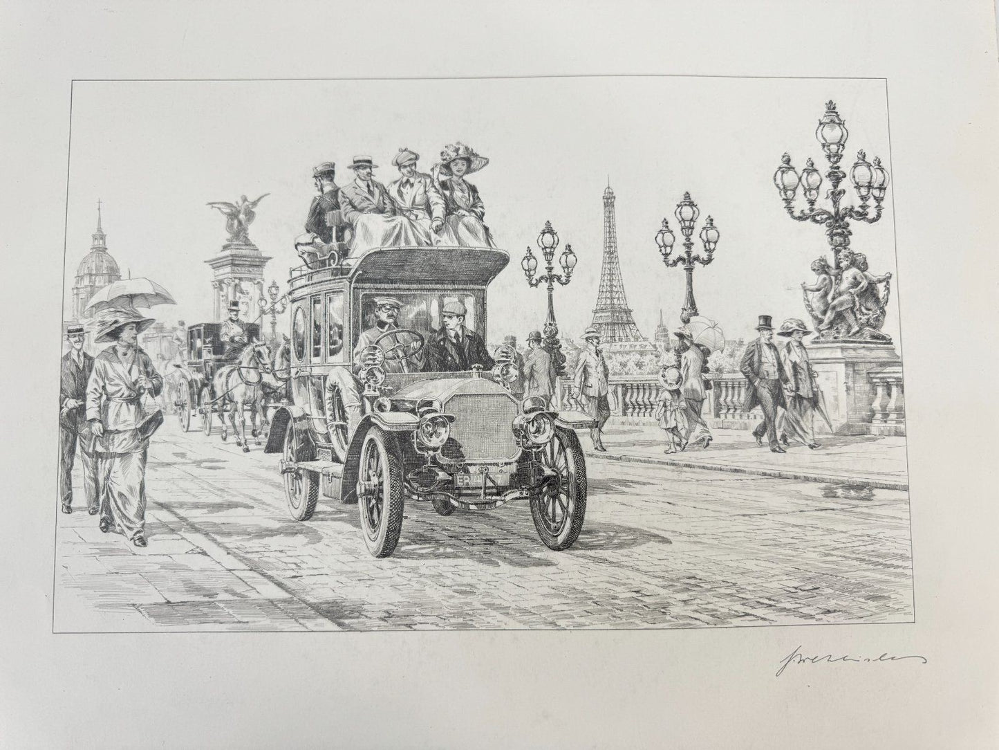 * HEINZ WEHLISCH ZEICHNUNG PARIS AUTOMOBIL 1912 ANSICHT SIGNIERT
