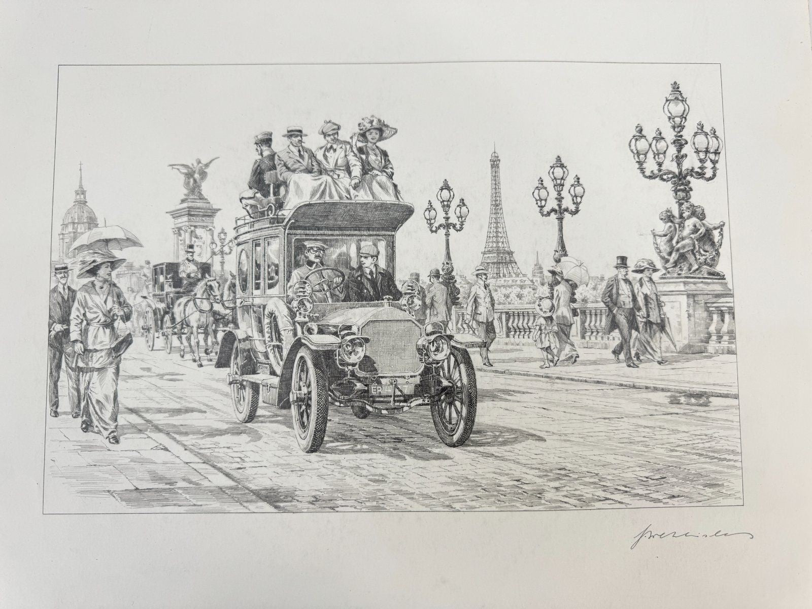 * HEINZ WEHLISCH ZEICHNUNG PARIS AUTOMOBIL 1912 ANSICHT SIGNIERT