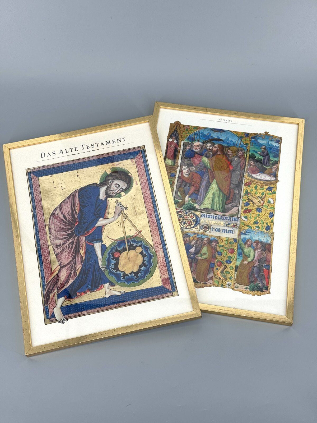 *2x KUNSTDRUCK BIBEL SCHÖPFUNG WELT GOLDFARBIG EVANGELIUM MATTHÄU