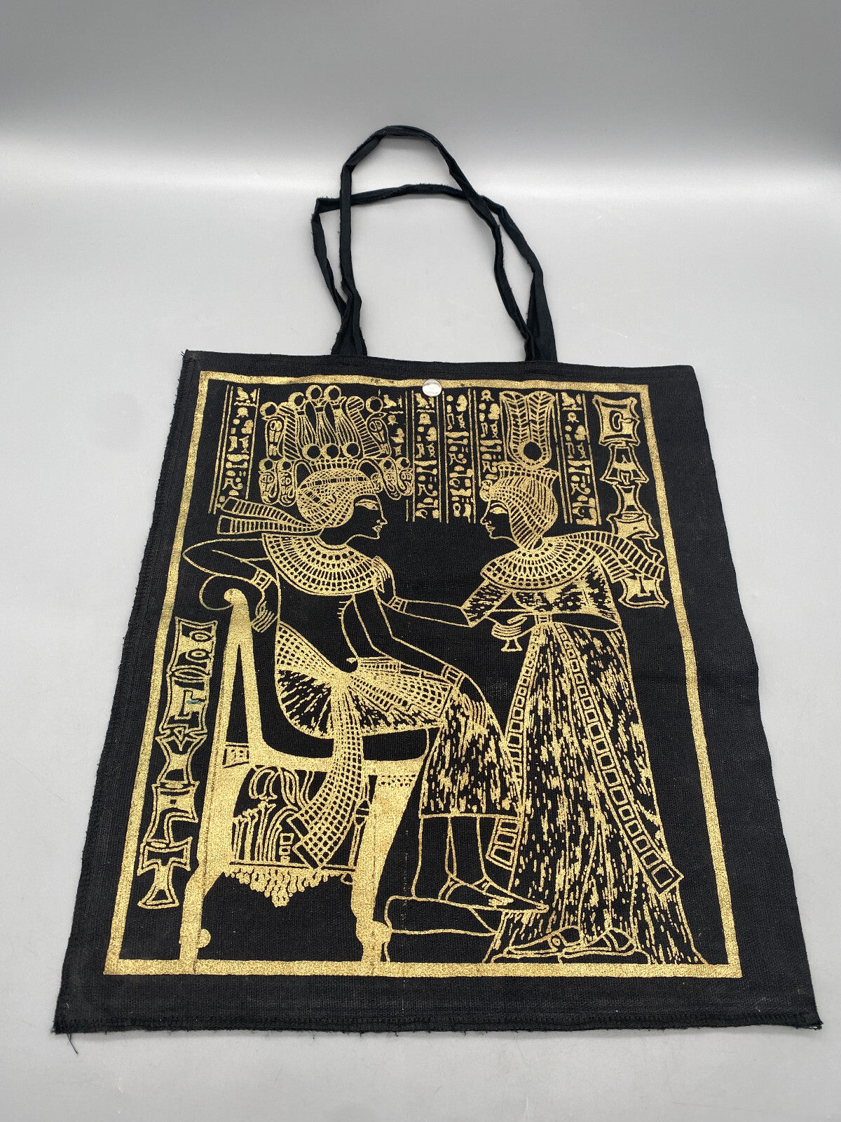 TASCHE BEUTEL LEINEN SCHWARZ MIT GOLDDRUCK ÄGYPTISCHE ZEICHEN EGYPT ALT VINTAGE