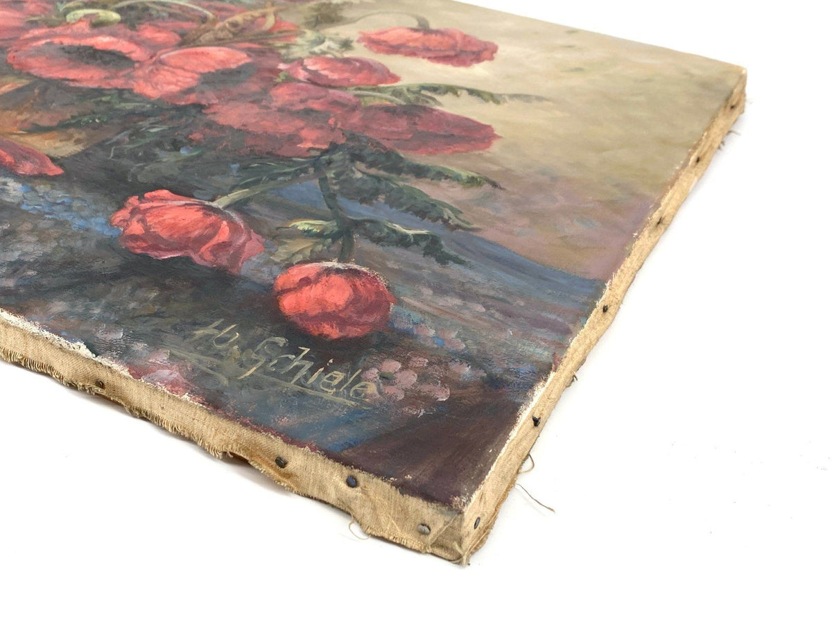 *ÖLGEMÄLDE MOHNBLUME BLUMENSTRAUß STILLEBEN LEINWAND MESSING