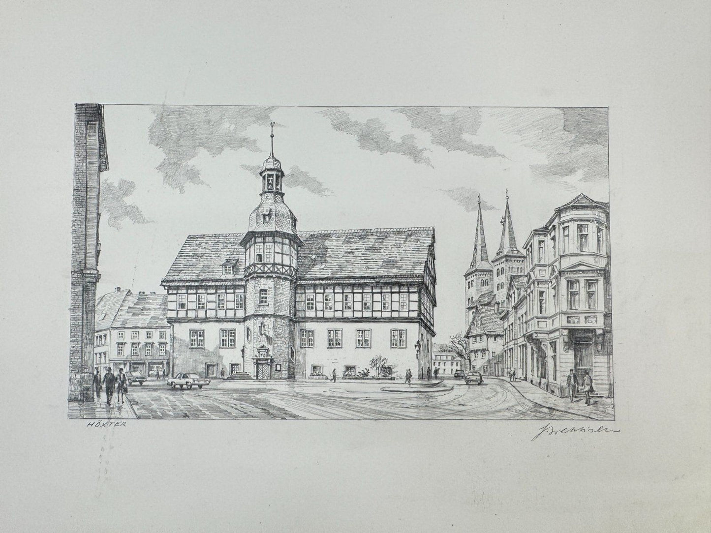 * HEINZ WEHLISCH ZEICHNUNG RATHAUS HÖXTER ANSICHT SIGNIERT