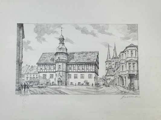 * HEINZ WEHLISCH ZEICHNUNG RATHAUS HÖXTER ANSICHT SIGNIERT