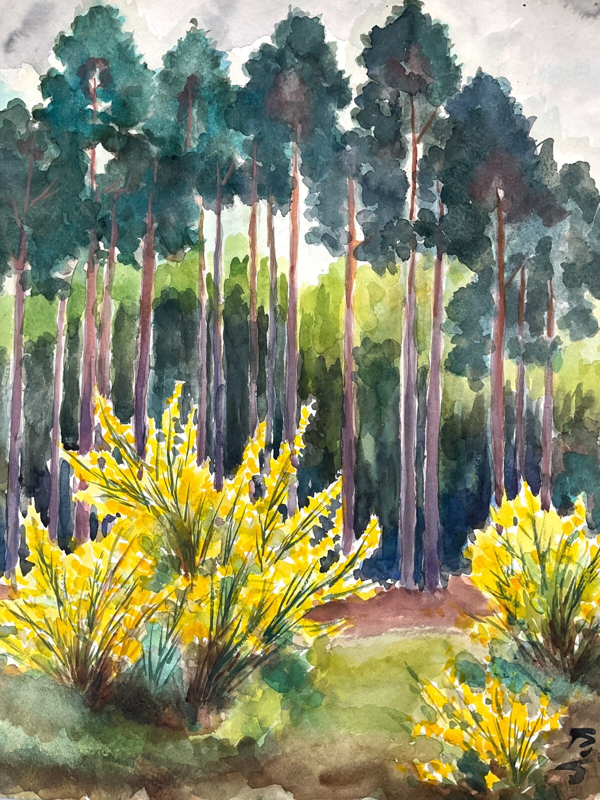 *GEMÄLDE WALD MIT GOLDGLÖCKCHEN AQUARELL SIGNIERT FRÜHLING GELB GRÜN UNIKAT