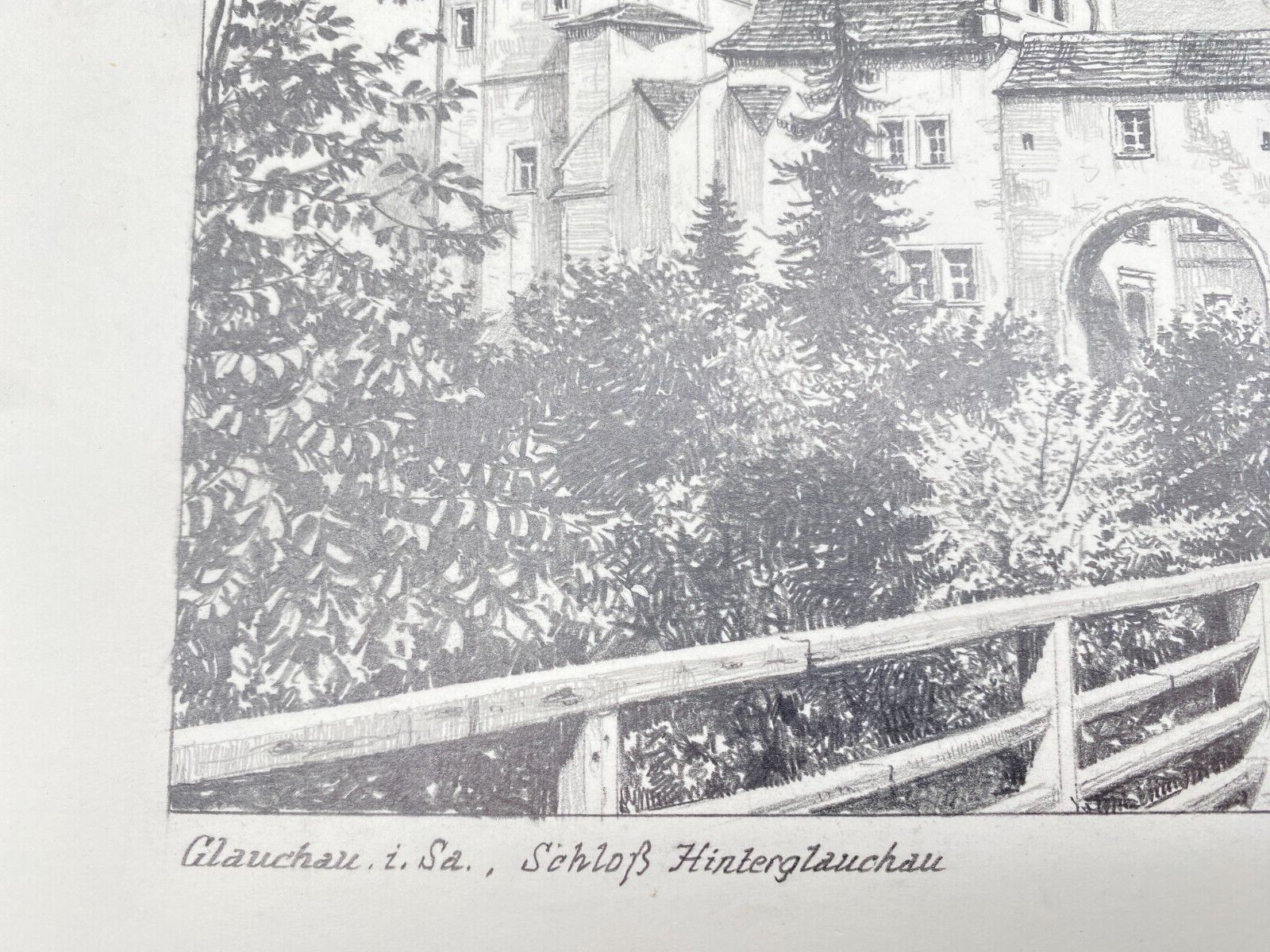 DEUTSCHER KÜNSTLER HEINZ WEHLISCH ZEICHNUNG SCHLOSS HINTERGLAUCHAU HANDSIGNIERT
