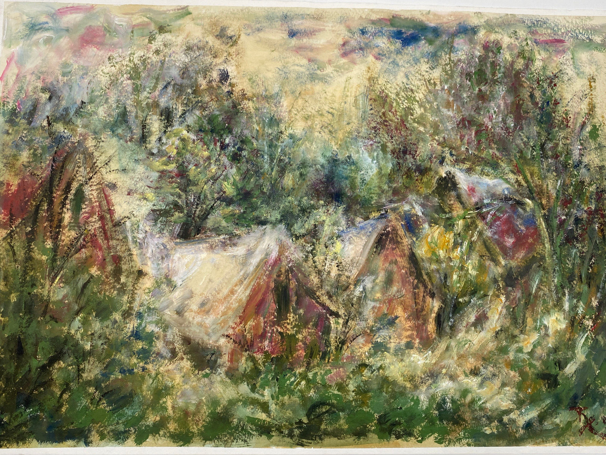 * GEMÄLDE BILD ÖLKREIDE CAMPING ZELTE IN BÜSCHEN IMPRESSIONISMUS 1994 SIGNIERT