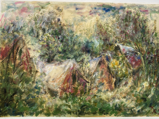 * GEMÄLDE BILD ÖLKREIDE CAMPING ZELTE IN BÜSCHEN IMPRESSIONISMUS 1994 SIGNIERT