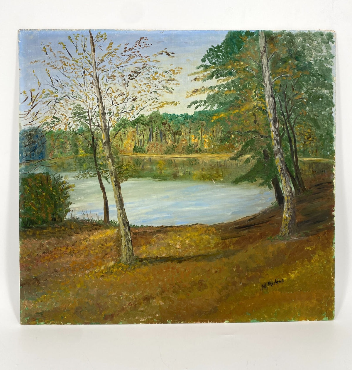 *ÖLGEMÄLDE LANDSCHAFT WALDANSICHT SEE TEICH NATUR HERBST SIGNIERT UNIKAT MALEREI