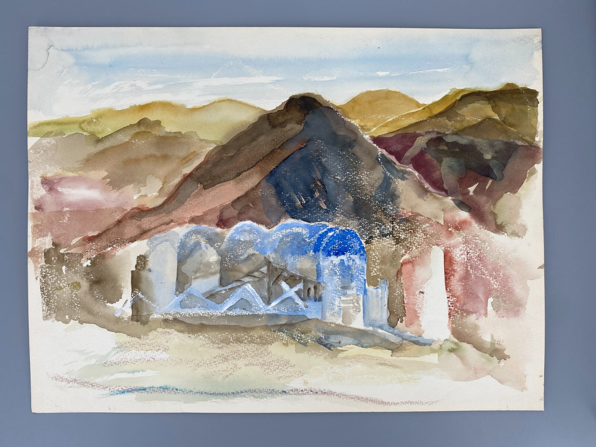 *AQUARELLGEMÄLDE LANDSCHAFT NAHOST NAHER OSTEN WÜSTE HÄUSER SIGRID HANNSE UNIKAT