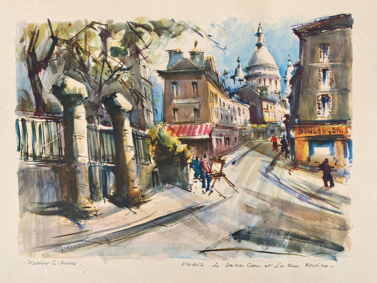 *KUNSTDRUCK AQUARELL MARIUS GIRARD PARIS RUE NORVINS ET LE SACRE-COEUR VINTAGE