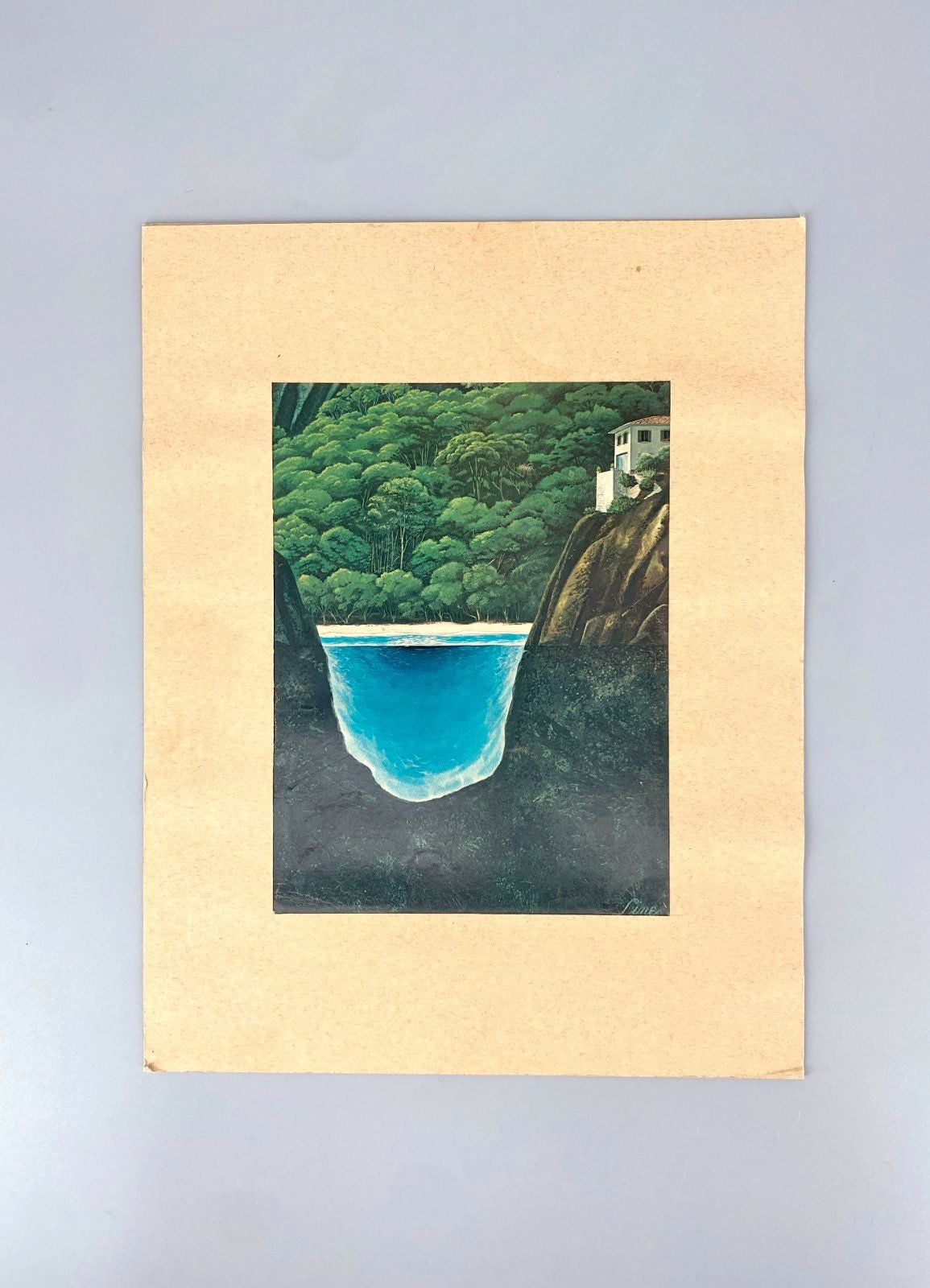 * GRAFIK KUNSTDRUCK LAGUNE KLIFF VILLA TROPEN 80ER VINTAGE LINE